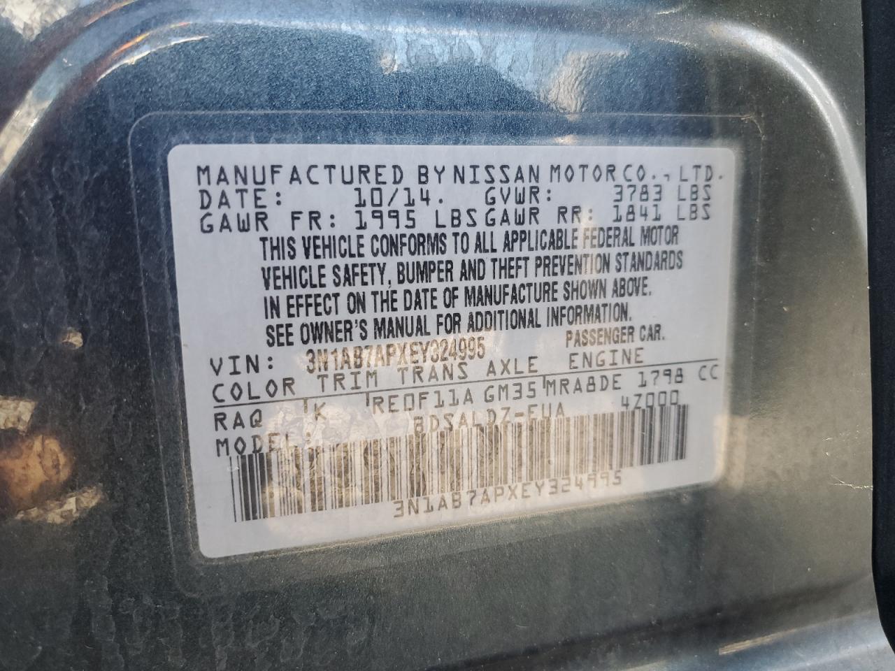 2014 Nissan Sentra S VIN: 3N1AB7APXEY324995 Lot: 85106725