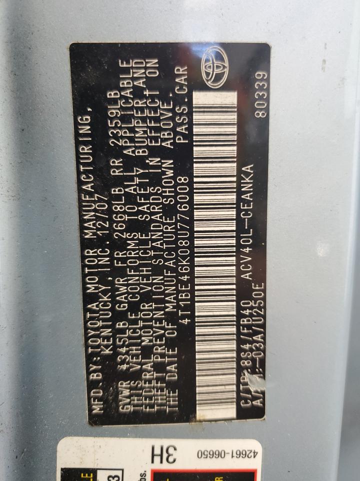 2008 Toyota Camry Ce VIN: 4T1BE46K08U776008 Lot: 84972745