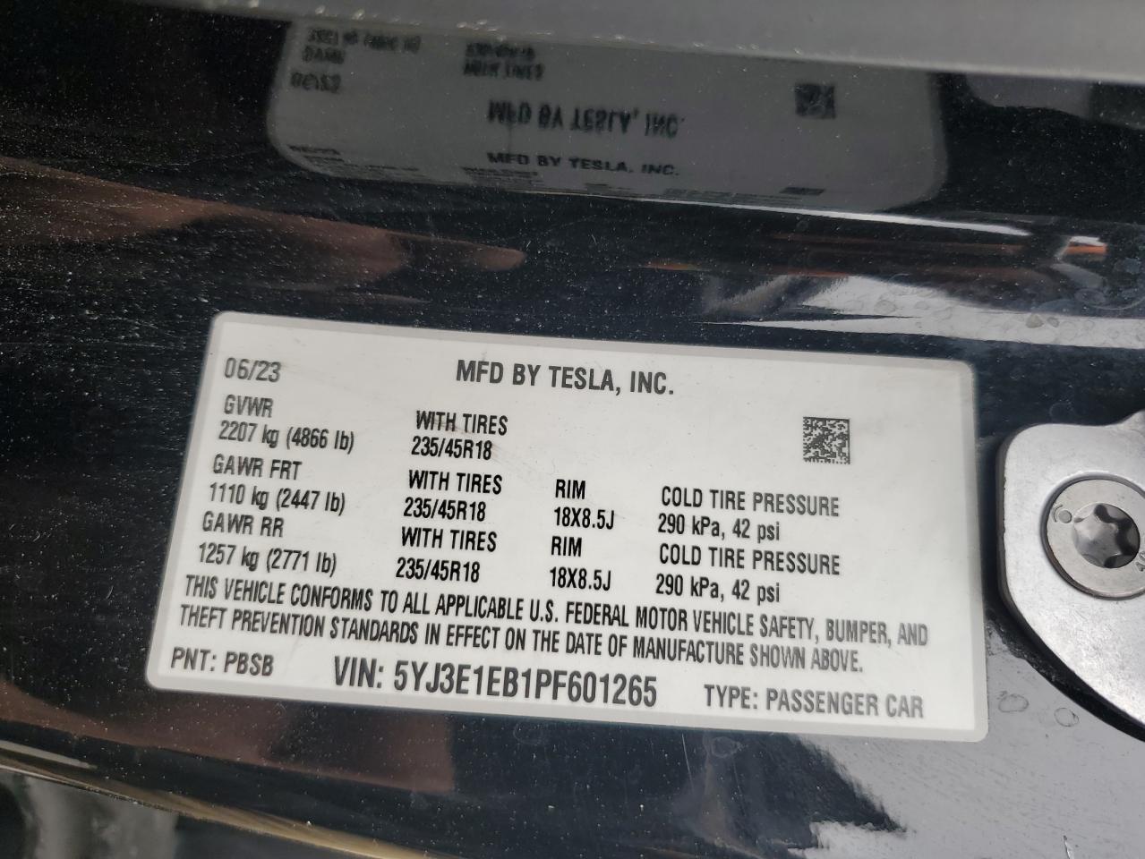2023 Tesla Model 3 VIN: 5YJ3E1EB1PF601265 Lot: 89868475
