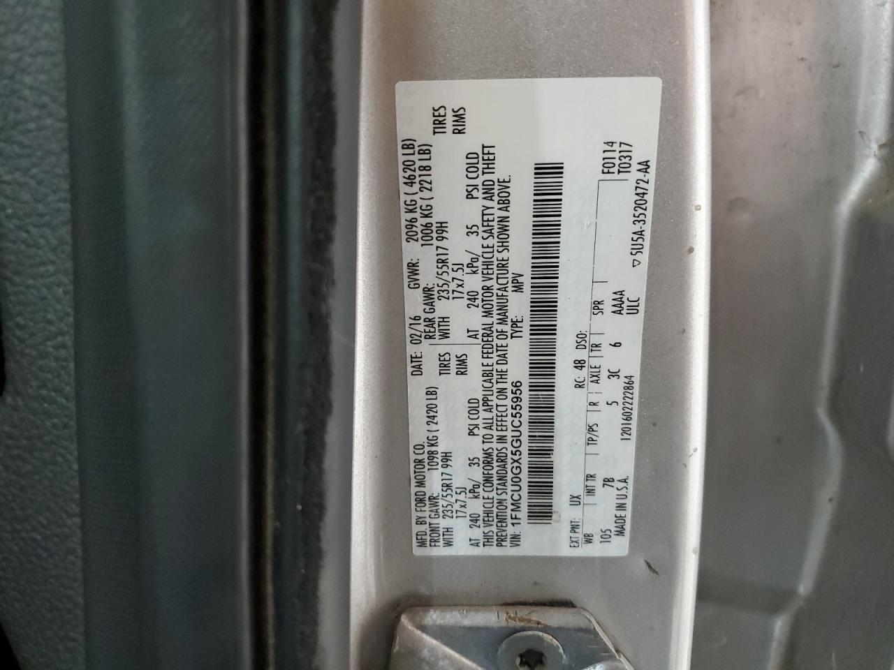 2016 Ford Escape Se VIN: 1FMCU0GX5GUC55956 Lot: 87452785