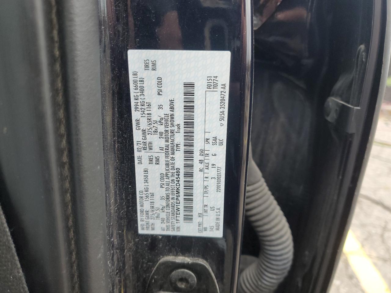 2021 Ford F150 Supercrew VIN: 1FTEW1EP6MKD45480 Lot: 89471585