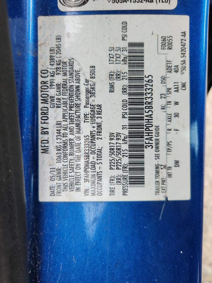 2011 Ford Fusion Se VIN: 3FAHP0HA5BR333265 Lot: 85115985
