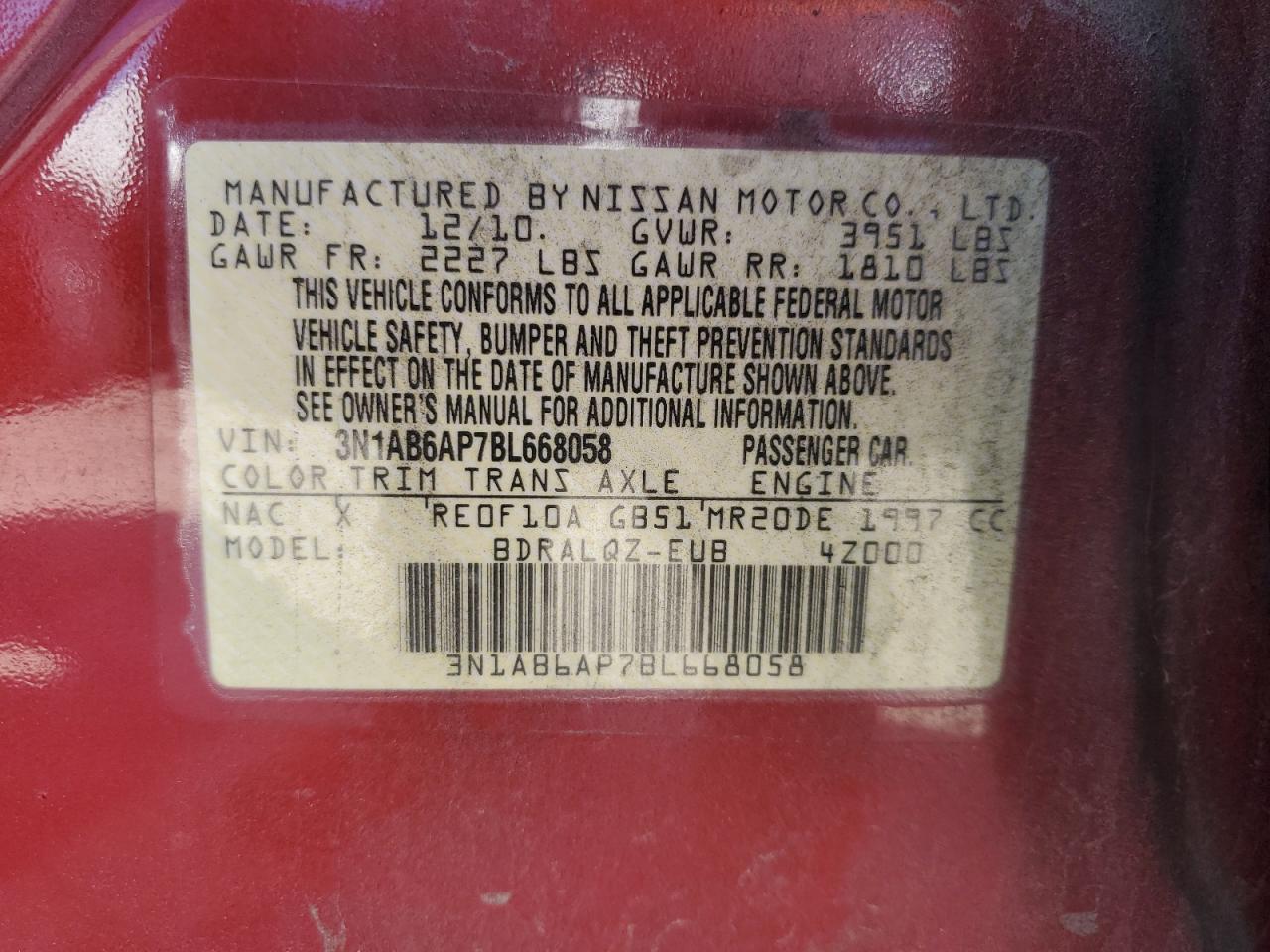 2011 Nissan Sentra 2.0 VIN: 3N1AB6AP7BL668058 Lot: 84013375