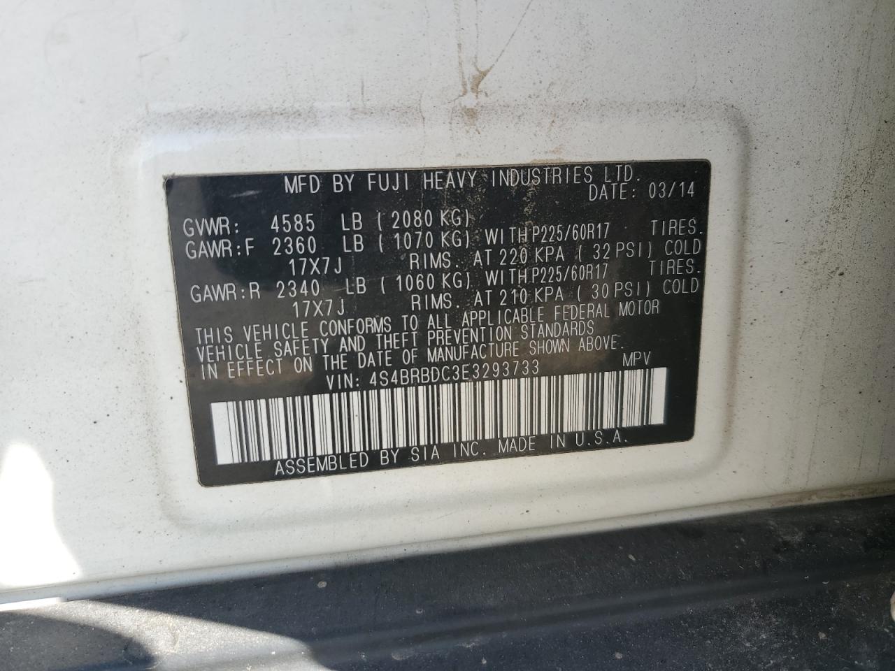 2014 Subaru Outback 2.5I Premium VIN: 4S4BRBDC3E3293733 Lot: 82177845