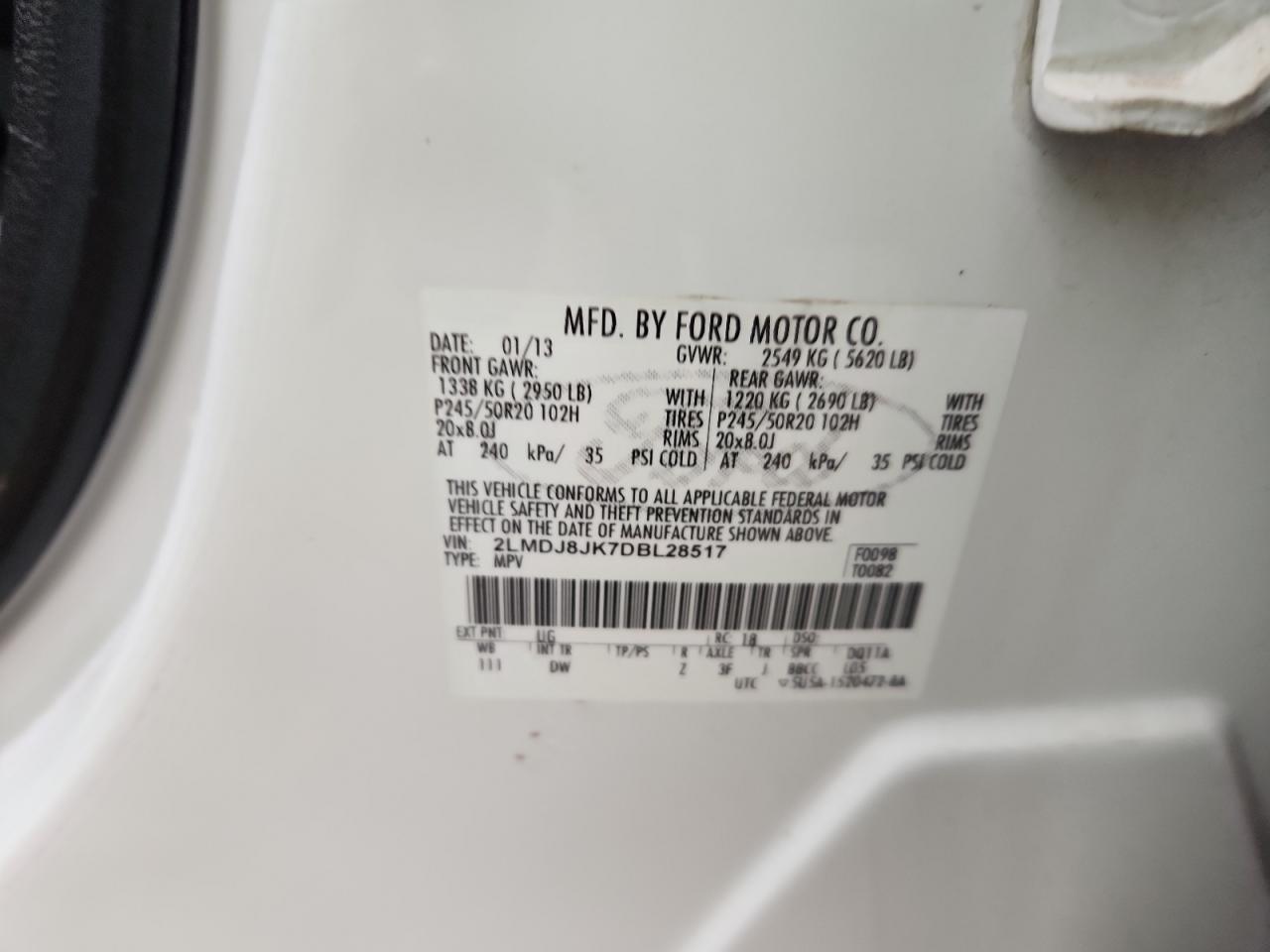 2013 Lincoln Mkx VIN: 2LMDJ8JK7DBL28517 Lot: 86313365