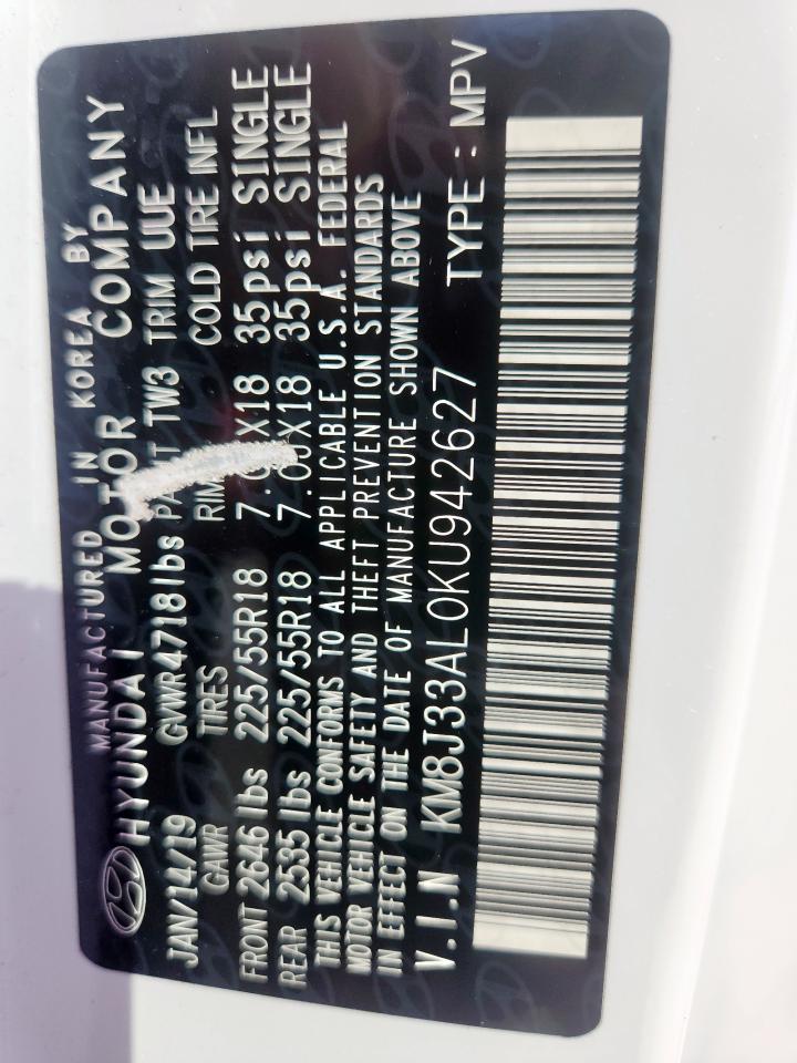 2019 Hyundai Tucson Limited VIN: KM8J33AL0KU942627 Lot: 85293655