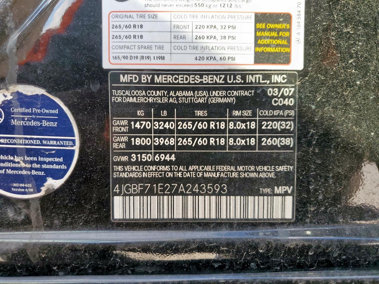 2007 Mercedes-Benz Gl 450 4Matic VIN: 4JGBF71E27A243593 Lot: 82216195