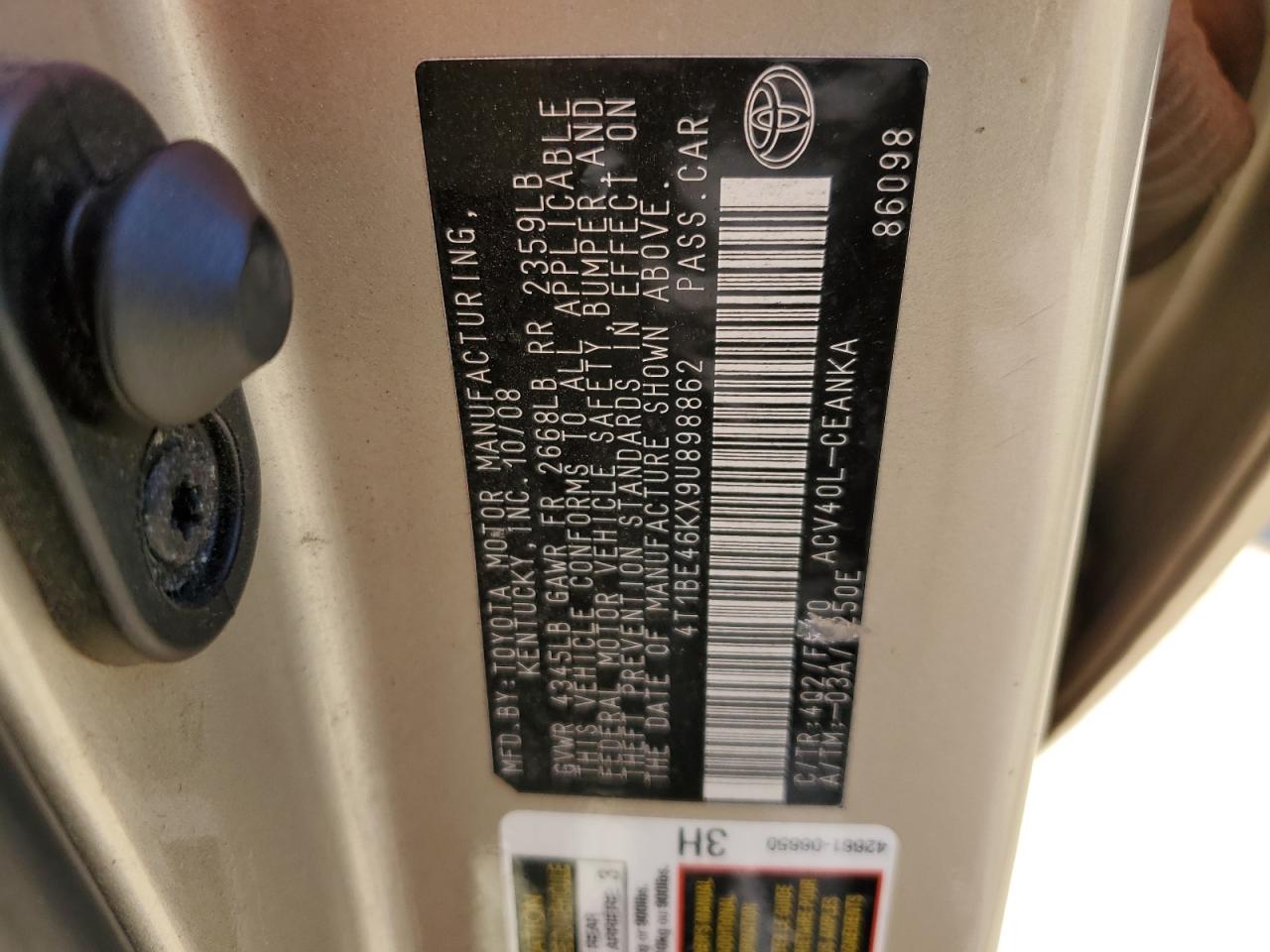 2009 Toyota Camry Base VIN: 4T1BE46KX9U898862 Lot: 84802995