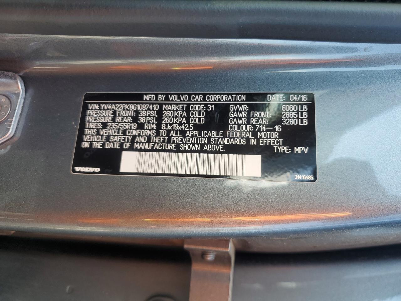 2016 Volvo Xc90 T6 VIN: YV4A22PK8G1087410 Lot: 85377475