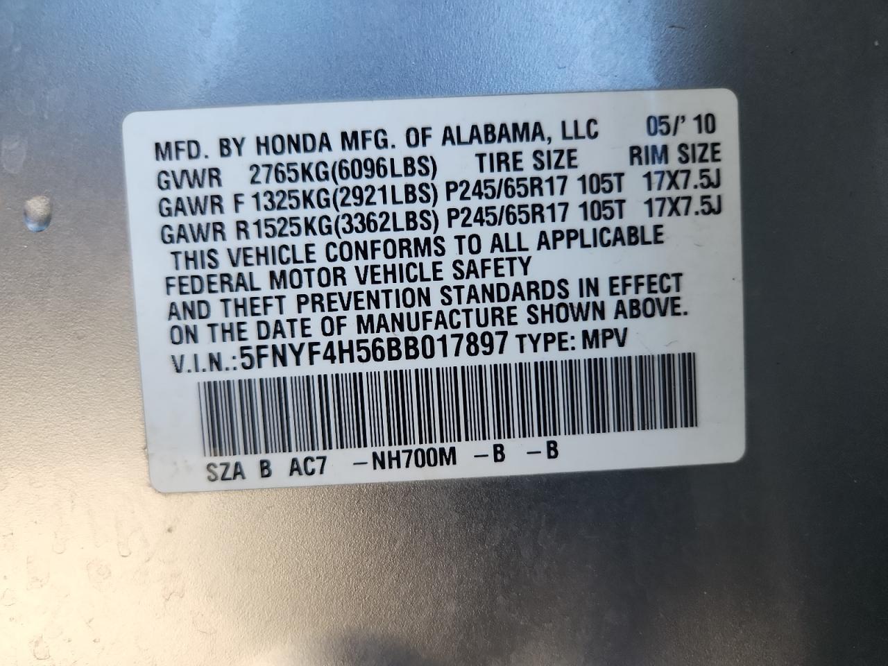 2011 Honda Pilot Exl VIN: 5FNYF4H56BB017897 Lot: 87087275