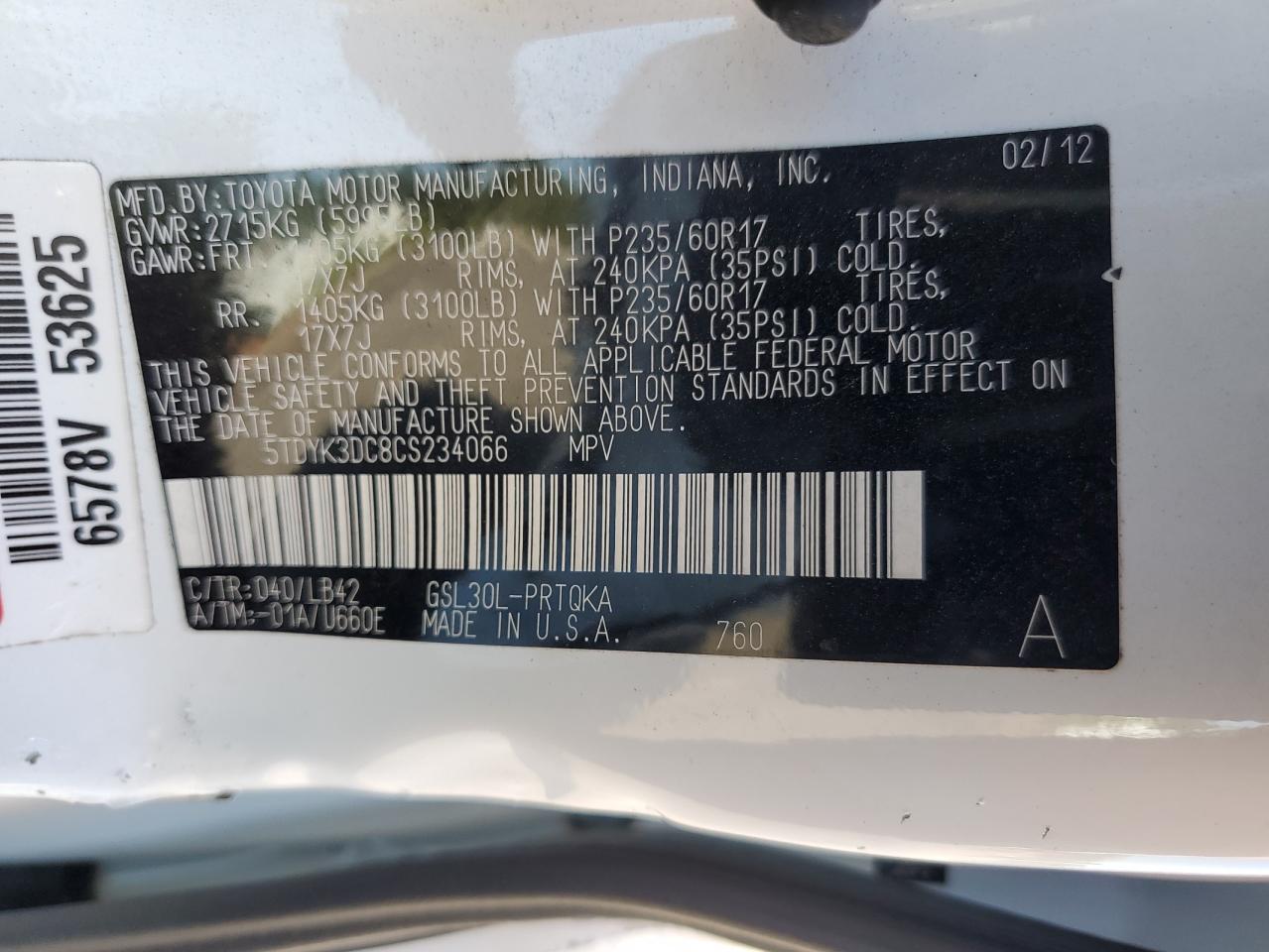 2012 Toyota Sienna Xle VIN: 5TDYK3DC8CS234066 Lot: 84642265