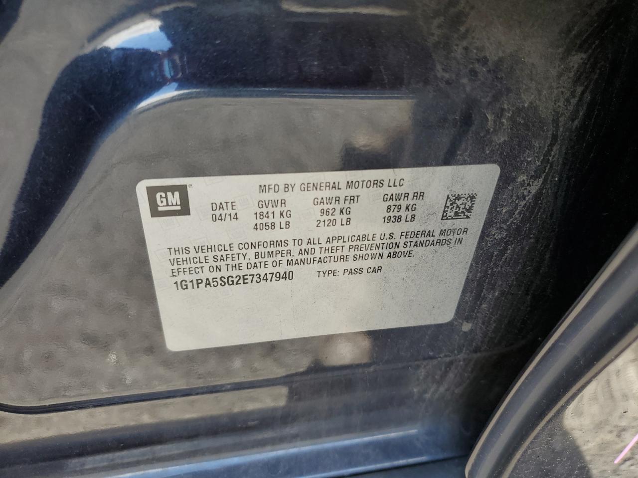 2014 Chevrolet Cruze Ls VIN: 1G1PA5SG2E7347940 Lot: 82288315