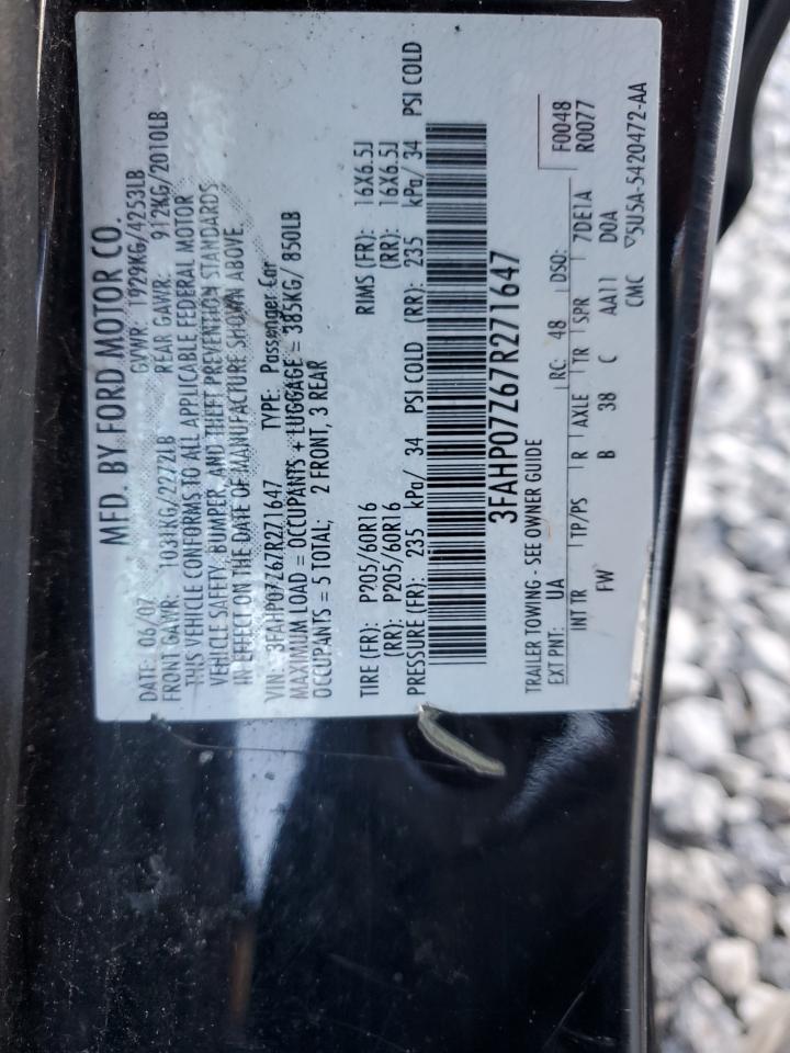 2007 Ford Fusion Se VIN: 3FAHP07Z67R271647 Lot: 82715445