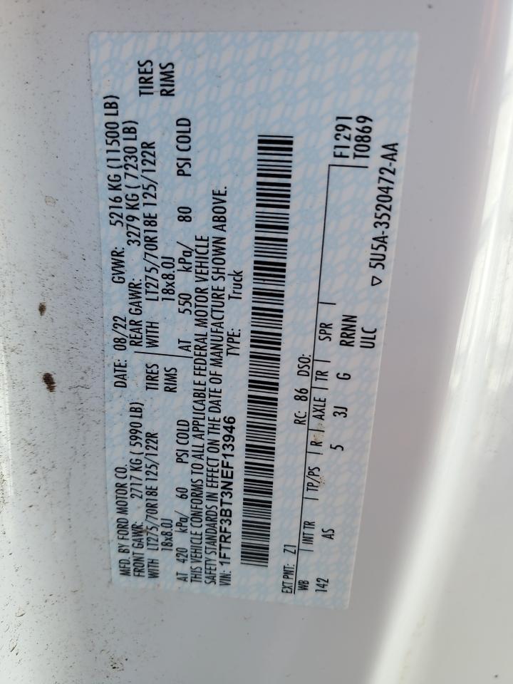 2022 Ford F350 Super Duty VIN: 1FTRF3BT3NEF13946 Lot: 84213845