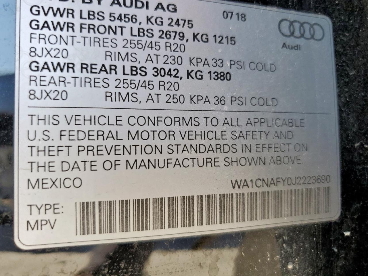 2018 Audi Q5 Prestige VIN: WA1CNAFY0J2223690 Lot: 86264185