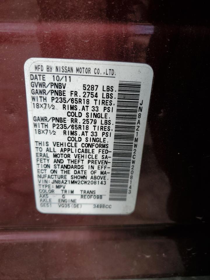 2012 Nissan Murano S VIN: JN8AZ1MW2CW208143 Lot: 84861195