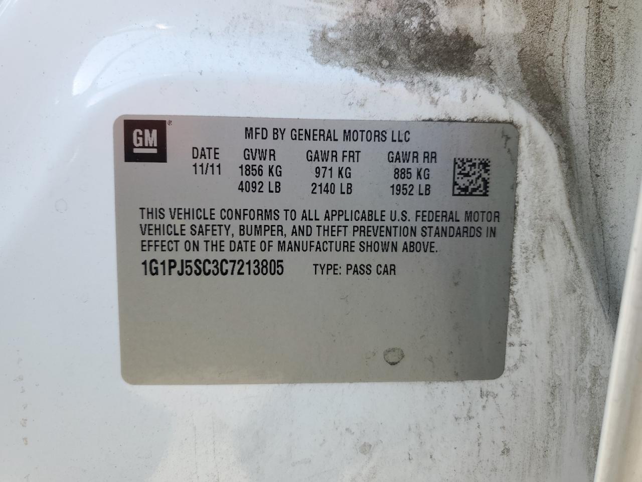 2012 Chevrolet Cruze Eco VIN: 1G1PJ5SC3C7213805 Lot: 82231015