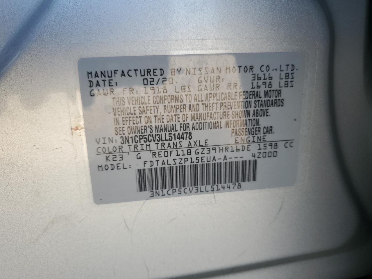 2020 Nissan Kicks Sv VIN: 3N1CP5CV3LL514478 Lot: 85125905