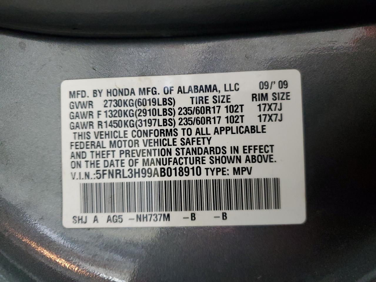 2010 Honda Odyssey Touring VIN: 5FNRL3H99AB018910 Lot: 87198515