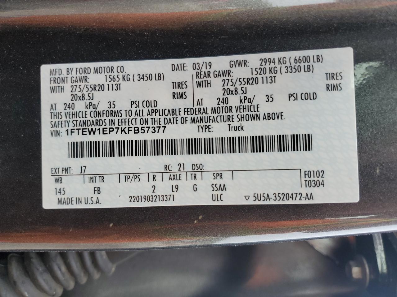 2019 Ford F150 Supercrew VIN: 1FTEW1EP7KFB57377 Lot: 82239695