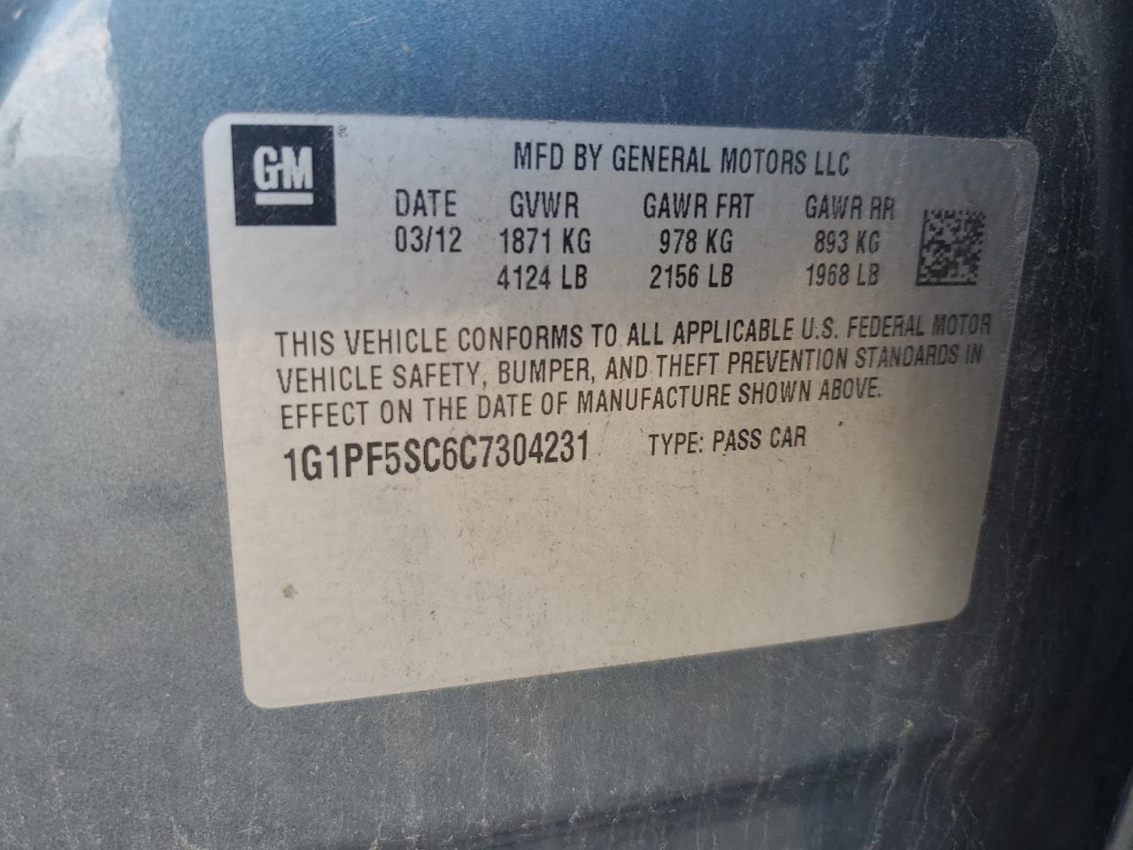 2012 Chevrolet Cruze Lt VIN: 1G1PF5SC6C7304231 Lot: 85358225