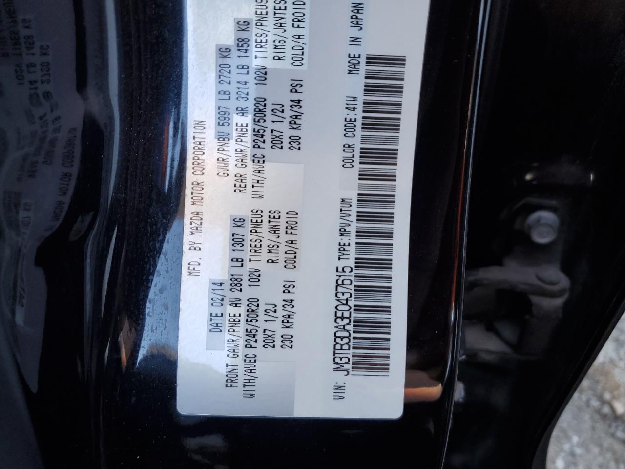 2014 Mazda Cx-9 Grand Touring VIN: JM3TB3DA3E0437615 Lot: 85839475