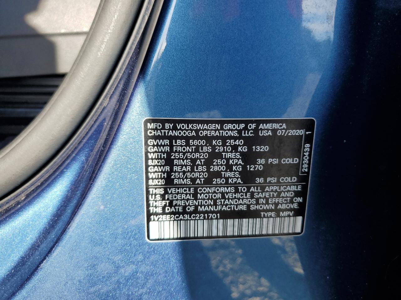 2020 Volkswagen Atlas Cross Sport Sel VIN: 1V2EE2CA3LC221701 Lot: 84774205