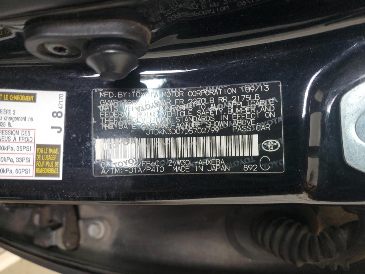 2013 Toyota Prius VIN: JTDKN3DU7D5702799 Lot: 90799585