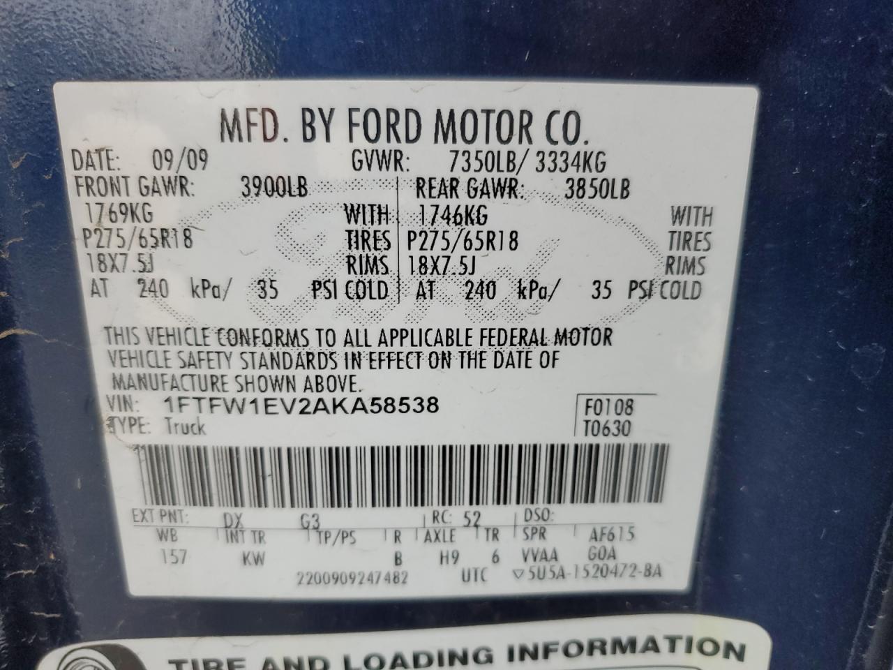 2010 Ford F150 Supercrew VIN: 1FTFW1EV2AKA58538 Lot: 90238965