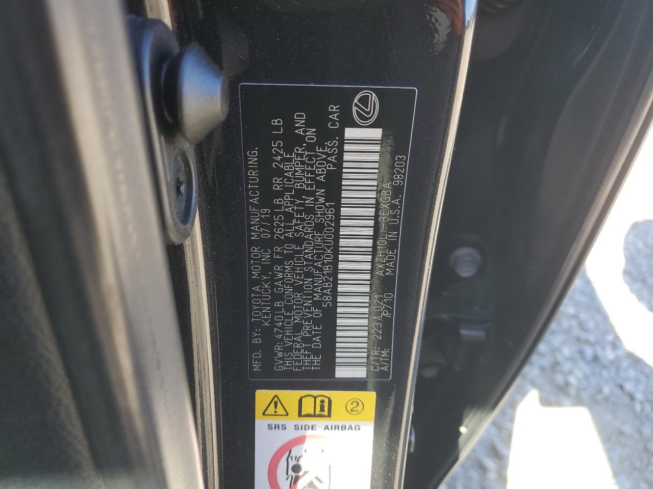 2019 Lexus Es 300H VIN: 58AB21B10KU002961 Lot: 81960725