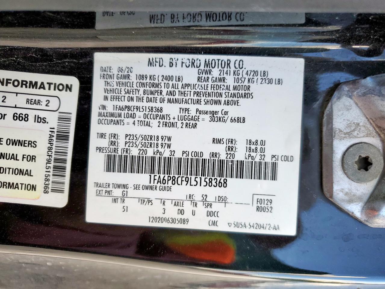 2020 Ford Mustang Gt VIN: 1FA6P8CF9L5158368 Lot: 84767865