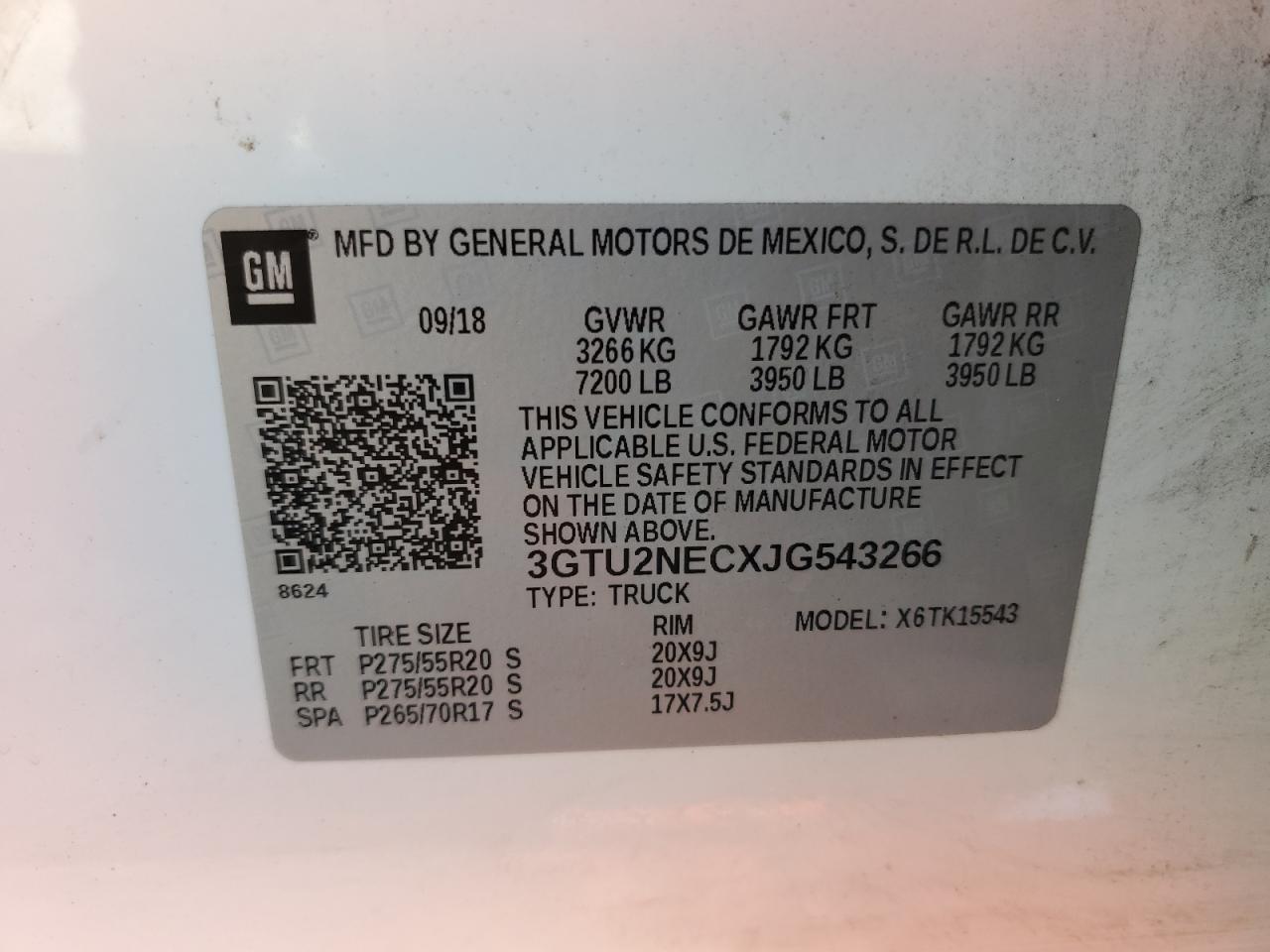 2018 GMC Sierra K1500 Slt VIN: 3GTU2NECXJG543266 Lot: 81899105