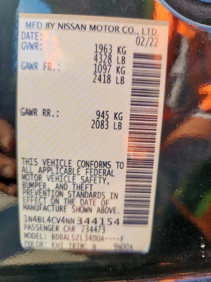 2022 Nissan Altima Sr VIN: 1N4BL4CV4NN344154 Lot: 84062705