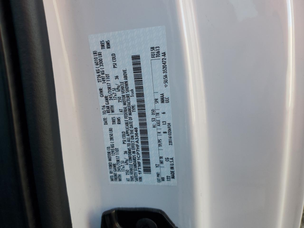 2017 Ford F150 VIN: 1FTMF1CP7HFA33648 Lot: 85890665