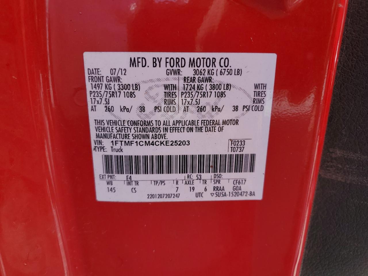 2012 Ford F150 VIN: 1FTMF1CM4CKE25203 Lot: 84522205