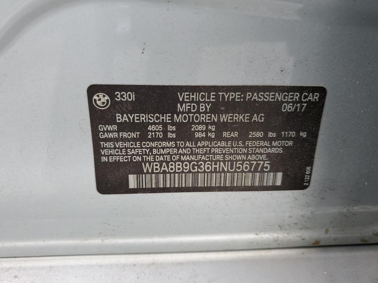2017 BMW 330 I VIN: WBA8B9G36HNU56775 Lot: 86221695