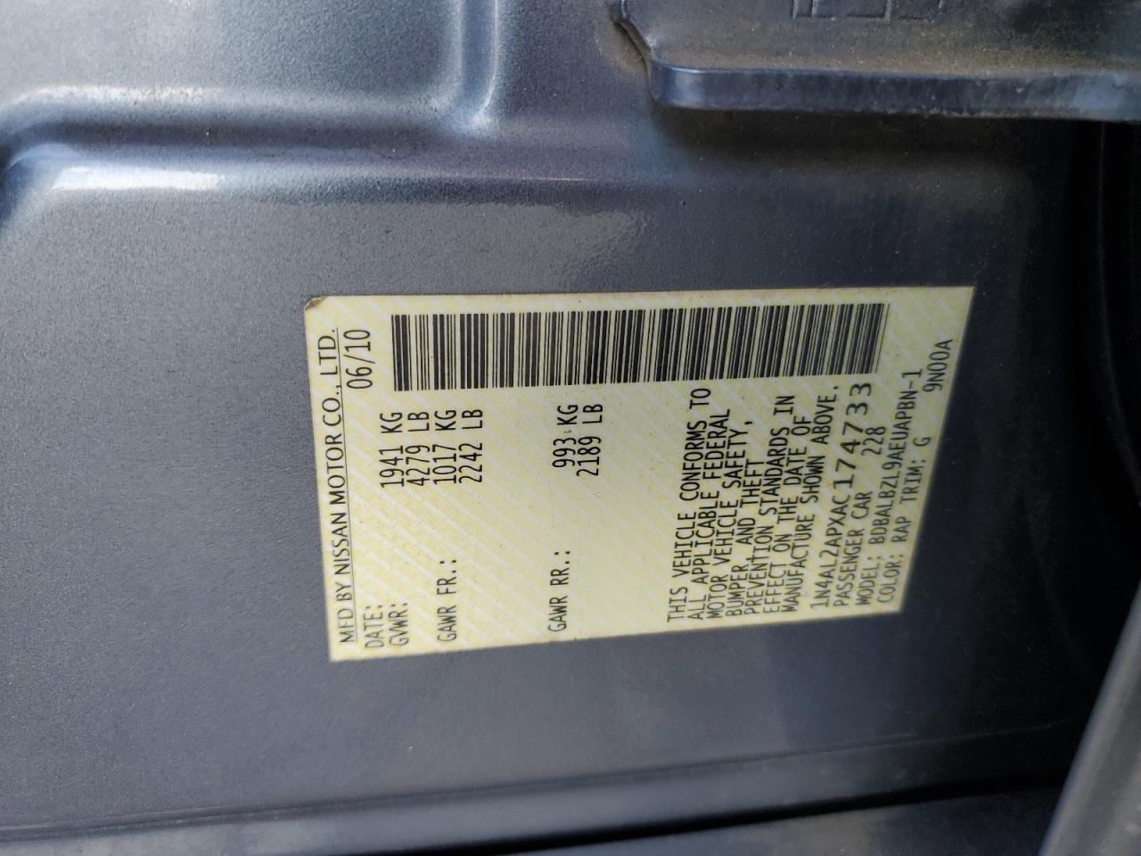 2010 Nissan Altima Base VIN: 1N4AL2APXAC174733 Lot: 94358125