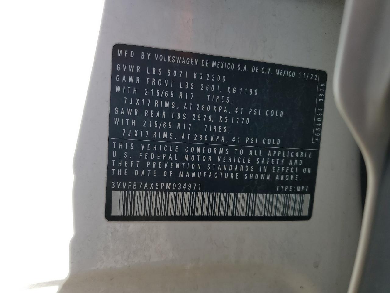 2023 Volkswagen Tiguan S VIN: 3VVFB7AX5PM034971 Lot: 85331905