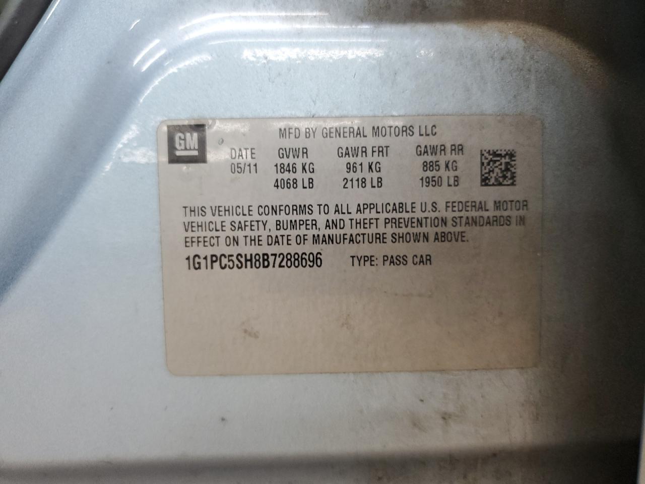 2011 Chevrolet Cruze Ls VIN: 1G1PC5SH8B7288696 Lot: 82238165