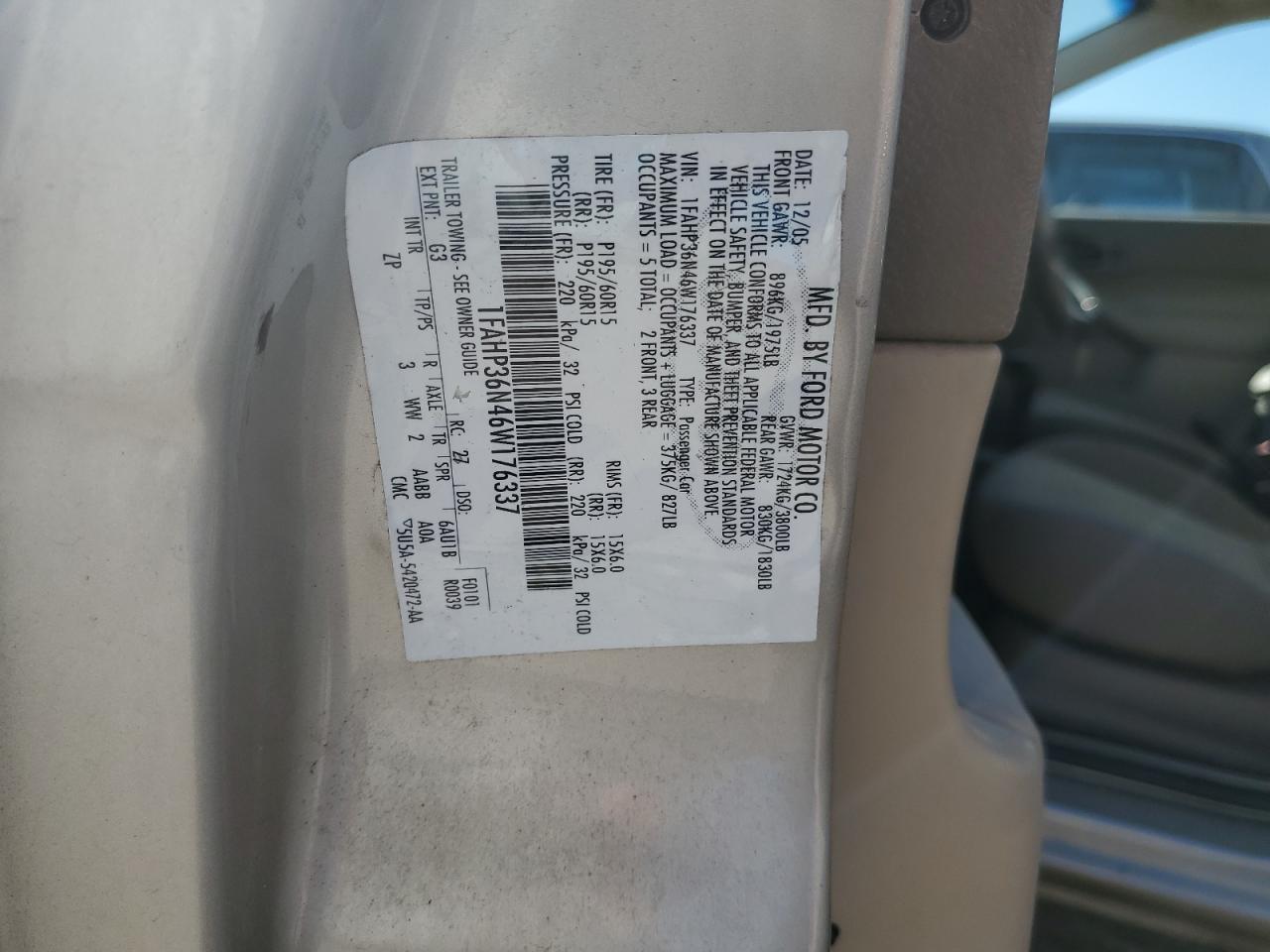 2006 Ford Focus Zxw VIN: 1FAHP36N46W176337 Lot: 85678285