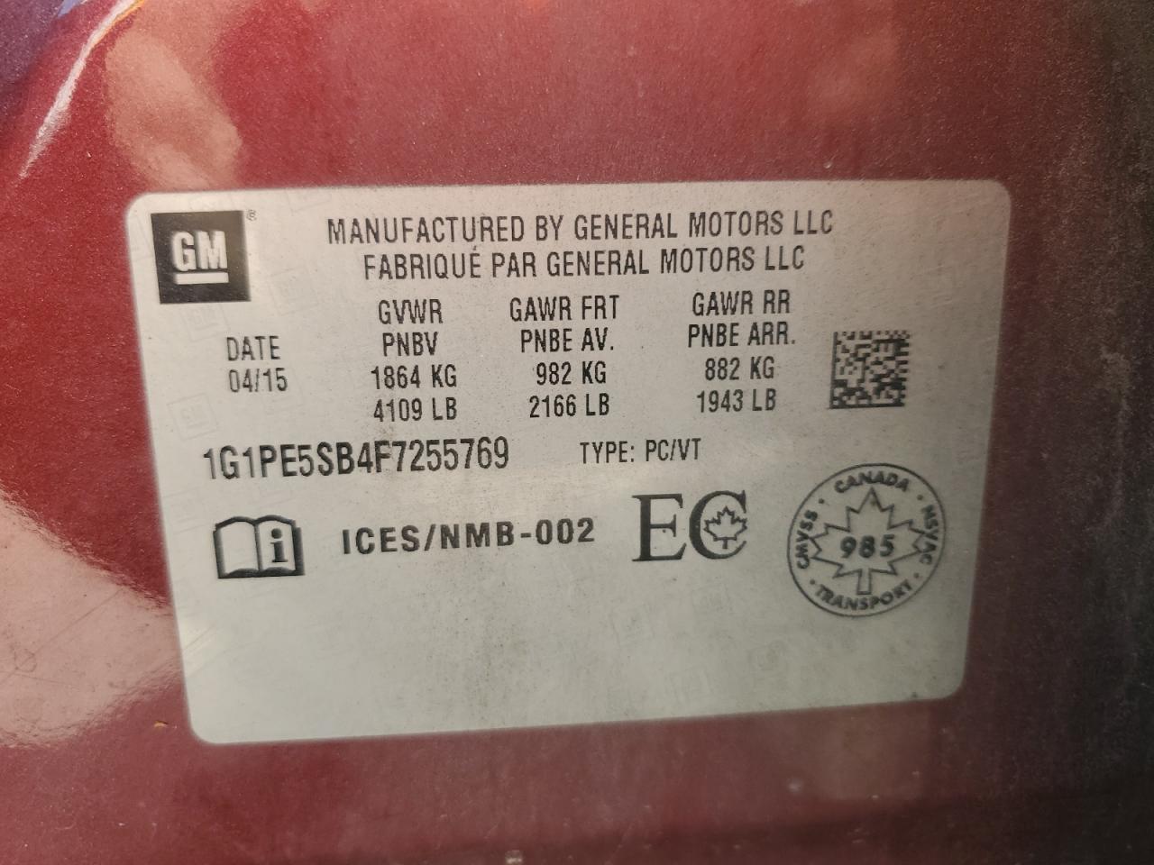 2015 Chevrolet Cruze Lt VIN: 1G1PE5SB4F7255769 Lot: 85534985