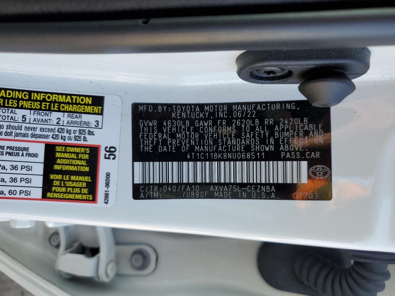 2022 Toyota Camry Le VIN: 4T1C11BK8NU068511 Lot: 85269955