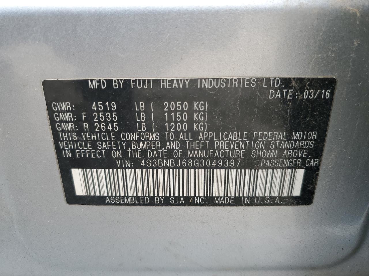 2016 Subaru Legacy 2.5I Limited VIN: 4S3BNBJ68G3049397 Lot: 85873955