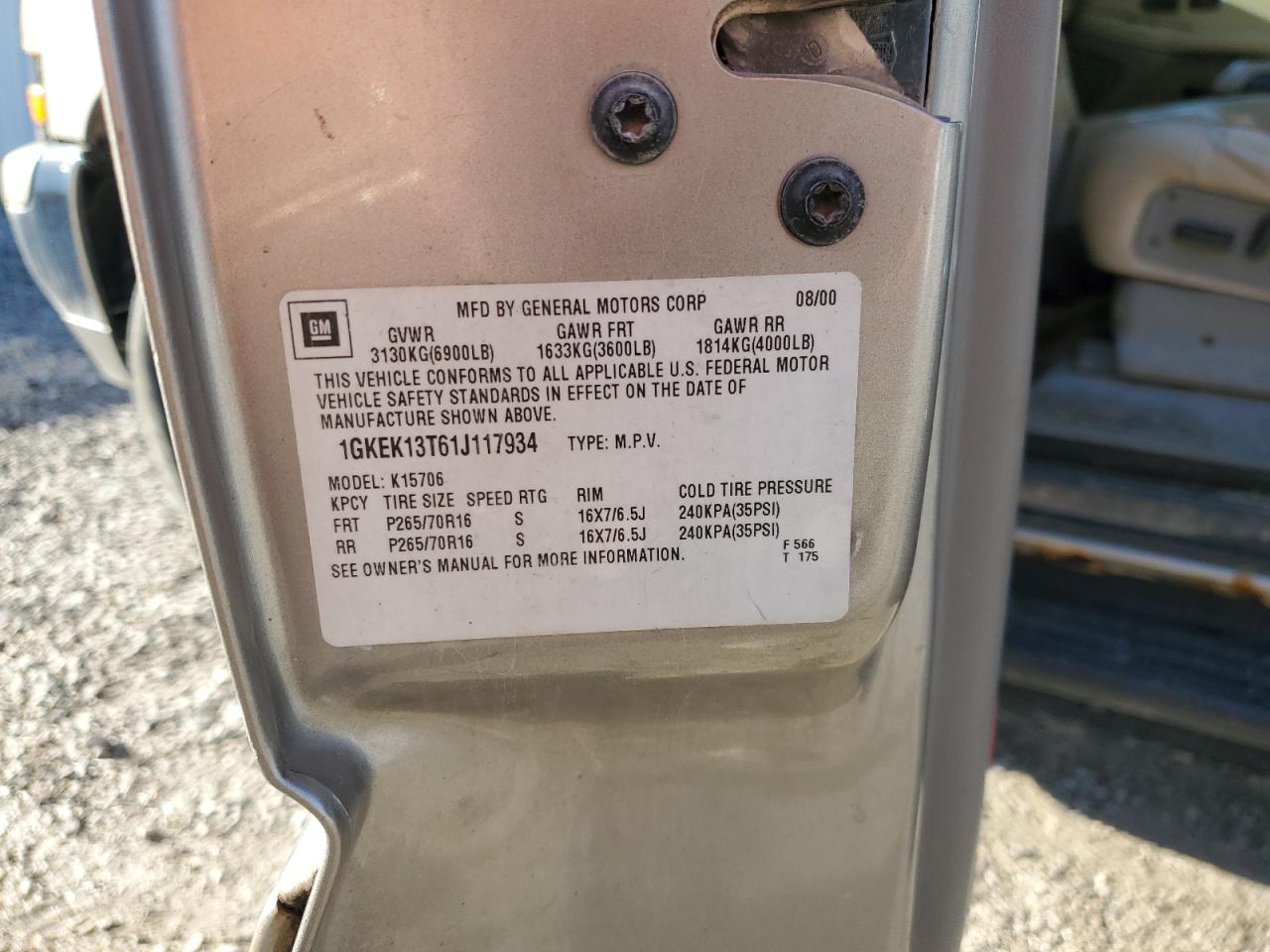 2001 GMC Yukon VIN: 1GKEK13T61J117934 Lot: 82625335