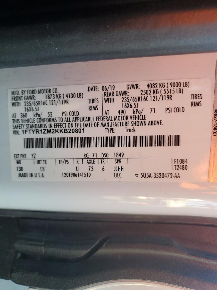 2019 Ford Transit T-250 VIN: 1FTYR1ZM2KKB20801 Lot: 86281055