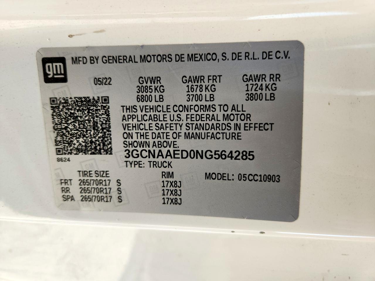 2022 Chevrolet Silverado C1500 VIN: 3GCNAAED0NG564285 Lot: 85904915