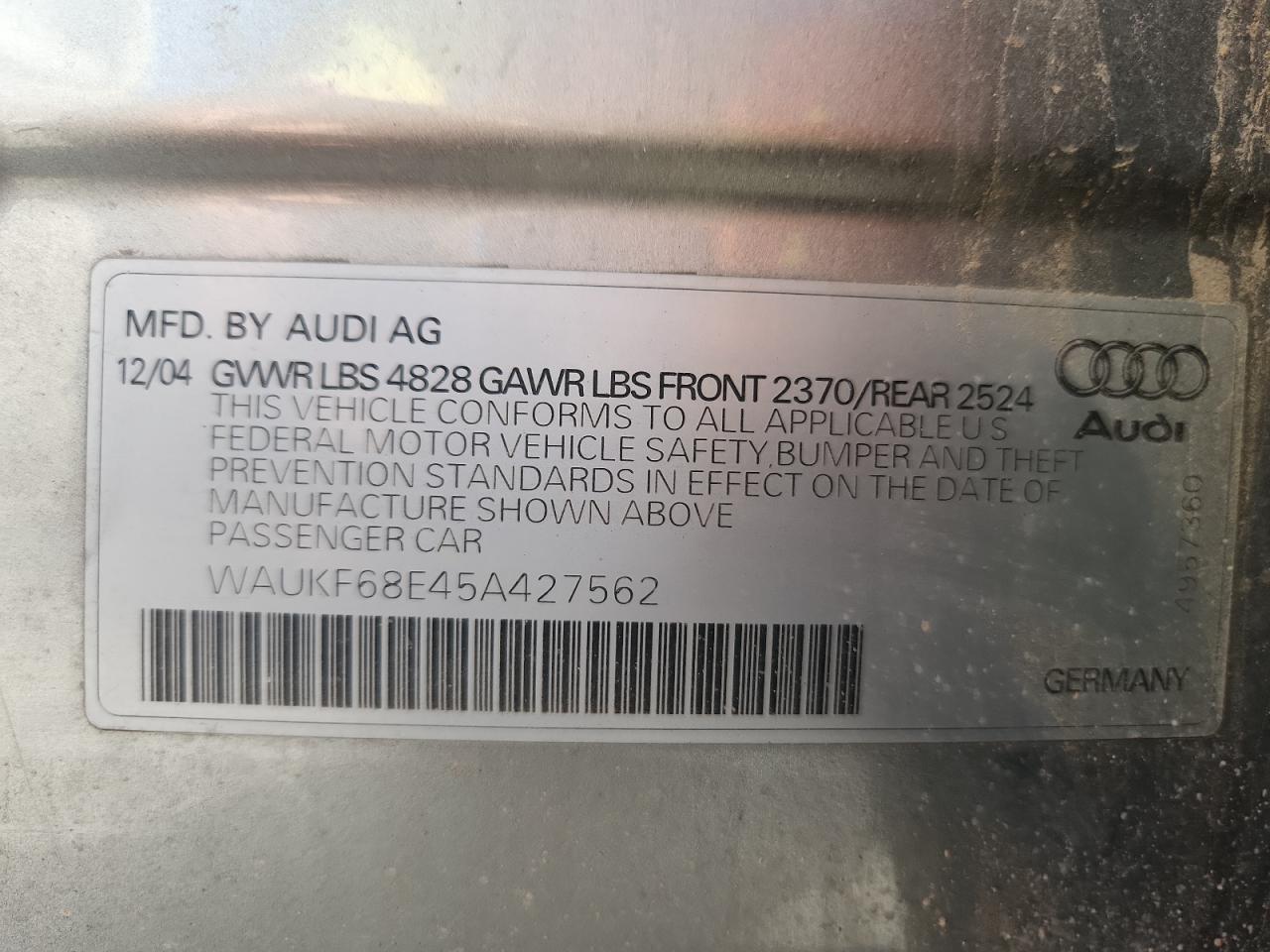 2005 Audi A4 2.0T Avant Quattro VIN: WAUKF68E45A427562 Lot: 86259575