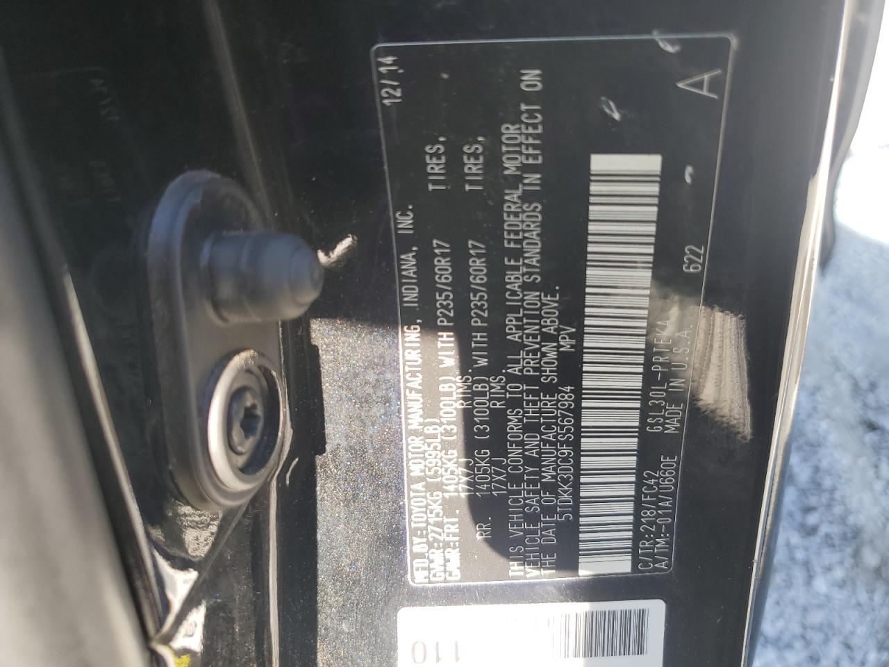 2015 Toyota Sienna Le VIN: 5TDKK3DC9FS567984 Lot: 84644795