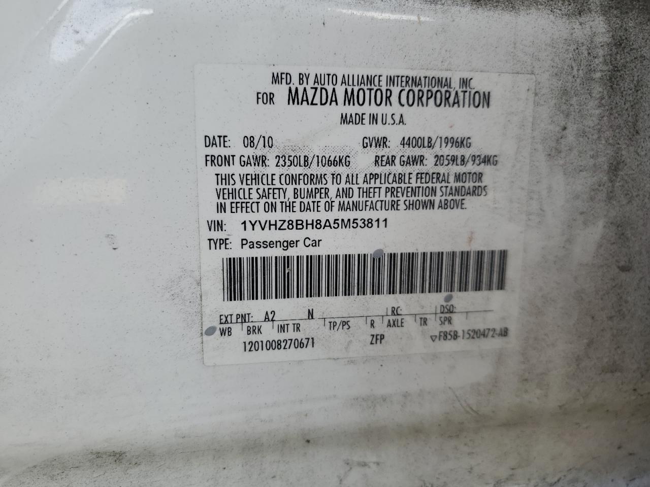 2010 Mazda 6 I VIN: 1YVHZ8BH8A5M53811 Lot: 81979305