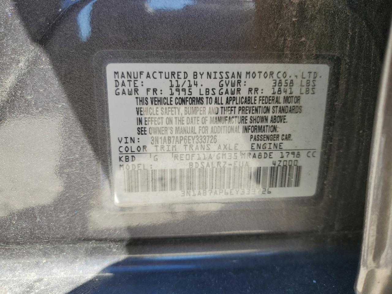 2014 Nissan Sentra S VIN: 3N1AB7AP6EY333726 Lot: 86293855